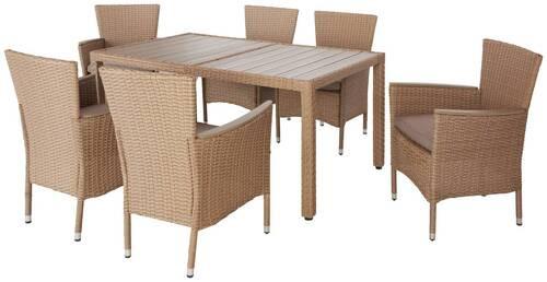 Gartengarnitur 7-Tlg. Porto Rio Rattanoptik mit Kissen - Hellbraun/Grau, MODERN, Kunststoff/Textil (60/150/88/75cm) - Luca Bessoni