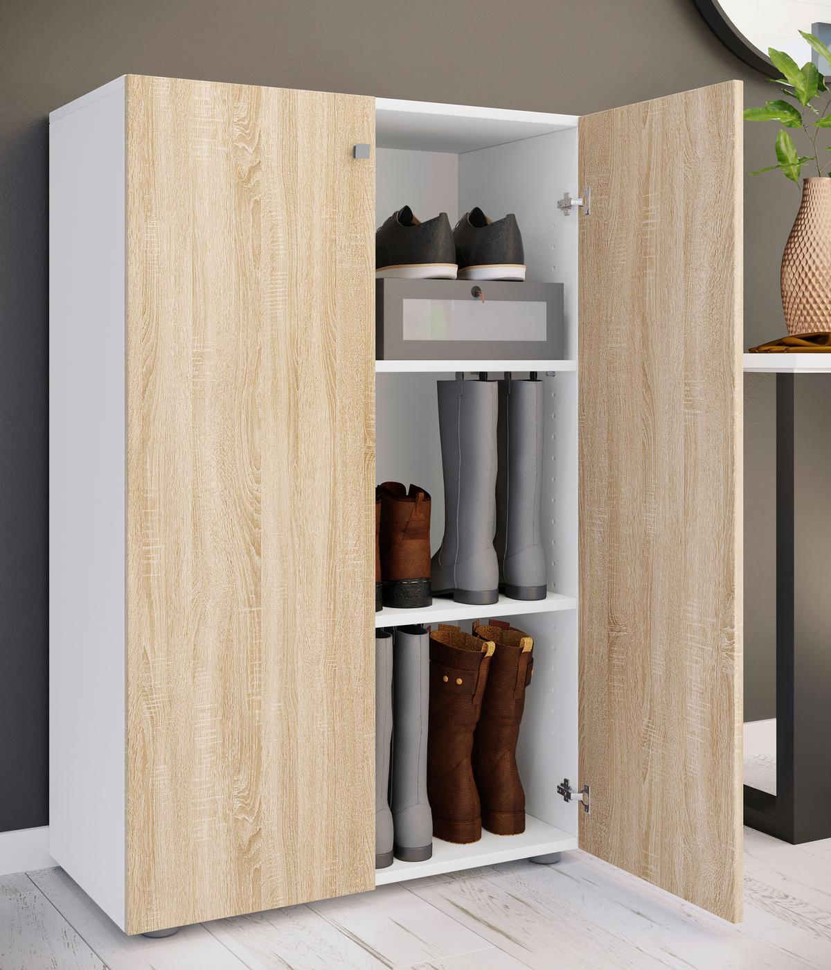 Schuhschrank Lona Weiß Sonoma Eiche Dekor - Schwarz/Weiß, Design, Holzwerkstoff (70/110/39cm) - MID.YOU