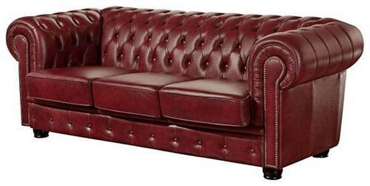 Chesterfield-Sofa Norwin Rot 3-Sitzer, Echtleder - Rot/Nussbaumfarben, KONVENTIONELL, Leder (200/74/98cm) - Max Winzer