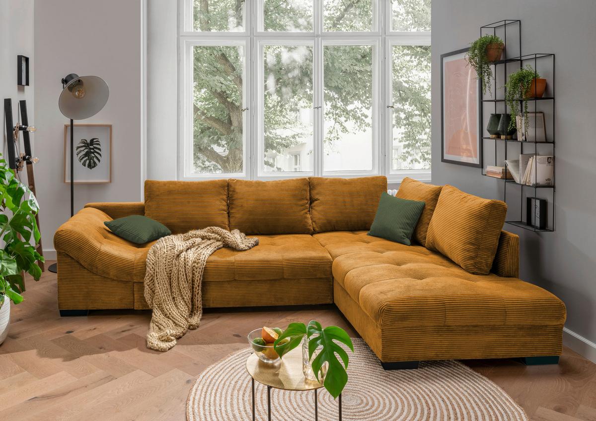Rohová sedačka ALVITO, pravá, koňakový manšestr - černá/tmavě zelená, Design, dřevo/textil (298/202cm) - MID.YOU