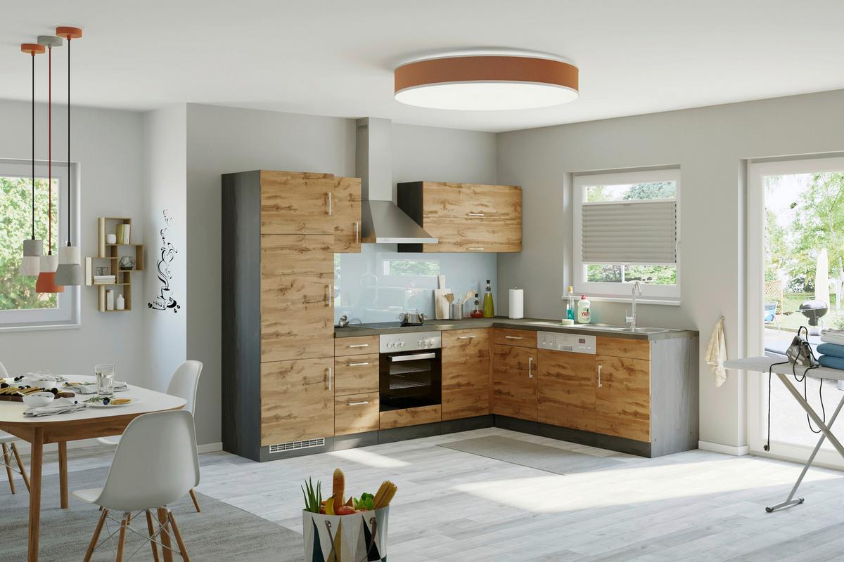 Eckküche Winkelblock Mit Geräten 270x210 Cm Eichefarben - Schieferfarben/Eiche Wotan, MODERN, Holzwerkstoff (210/270cm) - Held