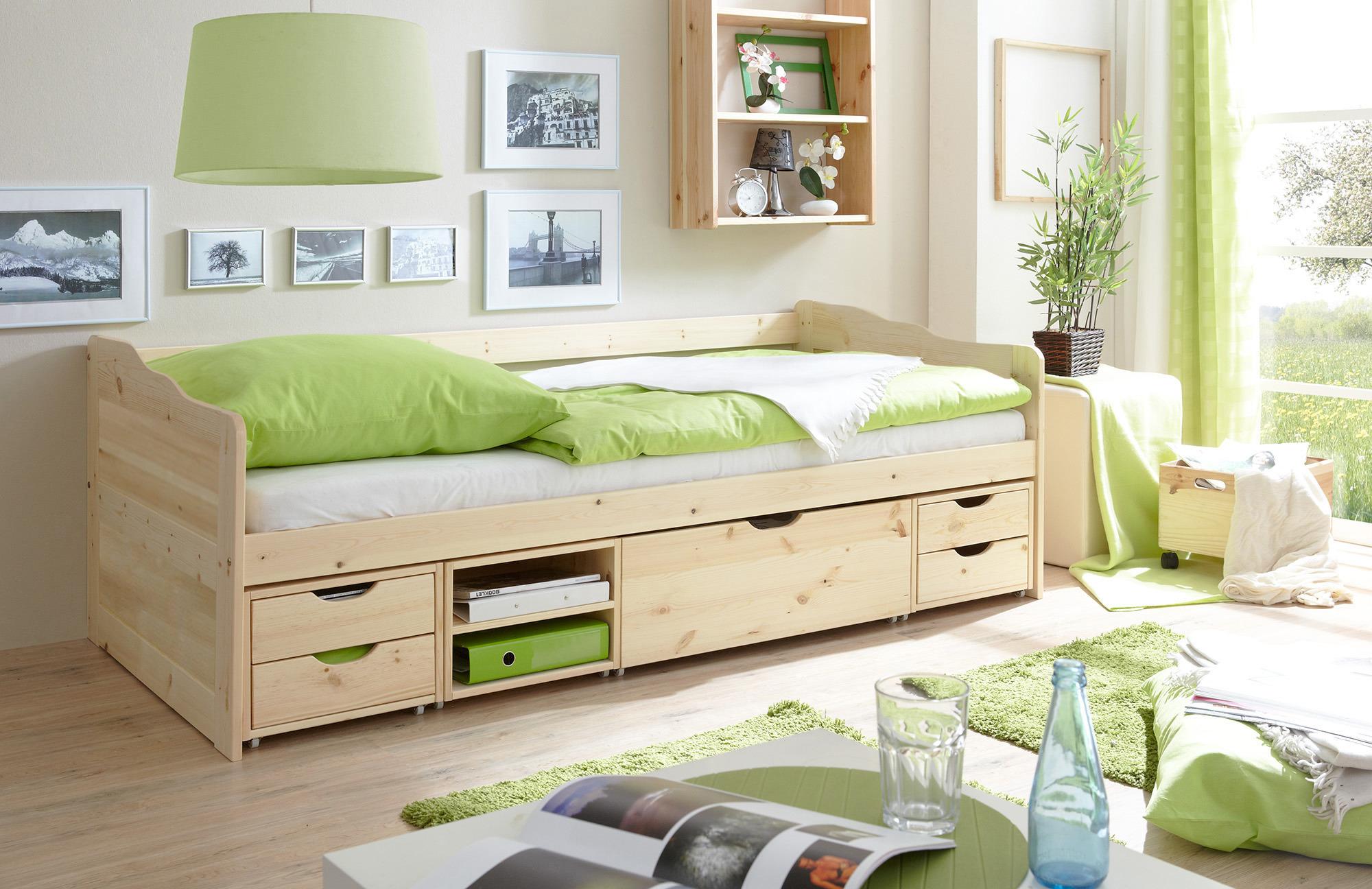 Stauraumbett Echtholz Massiv 90x200 Marlies, Kiefer Natur - Kieferfarben, MODERN, Holz (90/200cm) - MID.YOU