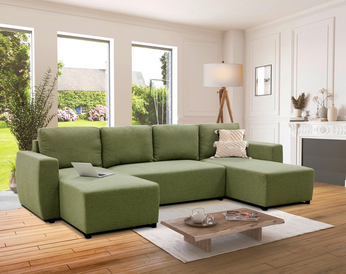 Wohnlandschaft Pharell Mit Schlaffunktion Olivgrün - Schwarz/Olivgrün, Basics, Textil (155/297/155cm) - Livetastic