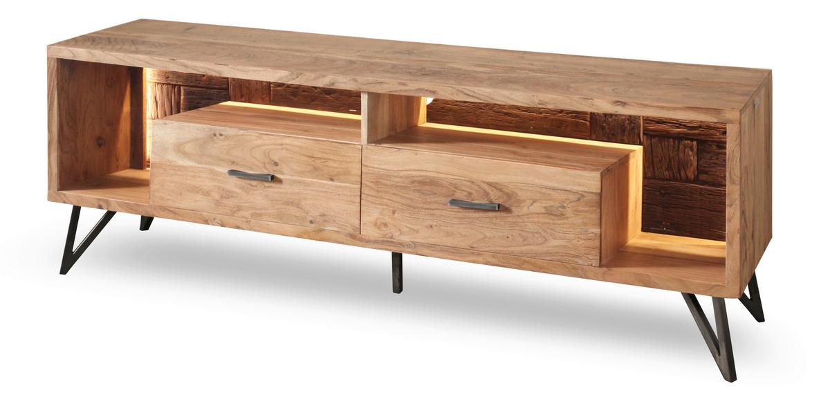 Lowboard Indira Akazie Massiv, B: 175 cm - Schwarz/Akaziefarben, ROMANTIK / LANDHAUS, Holz/Metall (175/60/40cm)