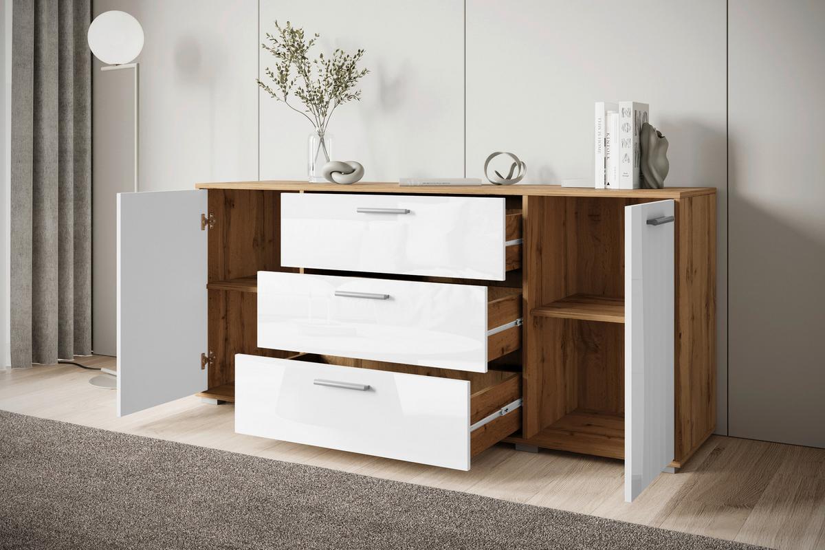 Sideboard 150cm Bogota Xl Grau - Weiß Hochglanz/Eiche Wotan, Basics, Holzwerkstoff (150/68/40cm) - MID.YOU