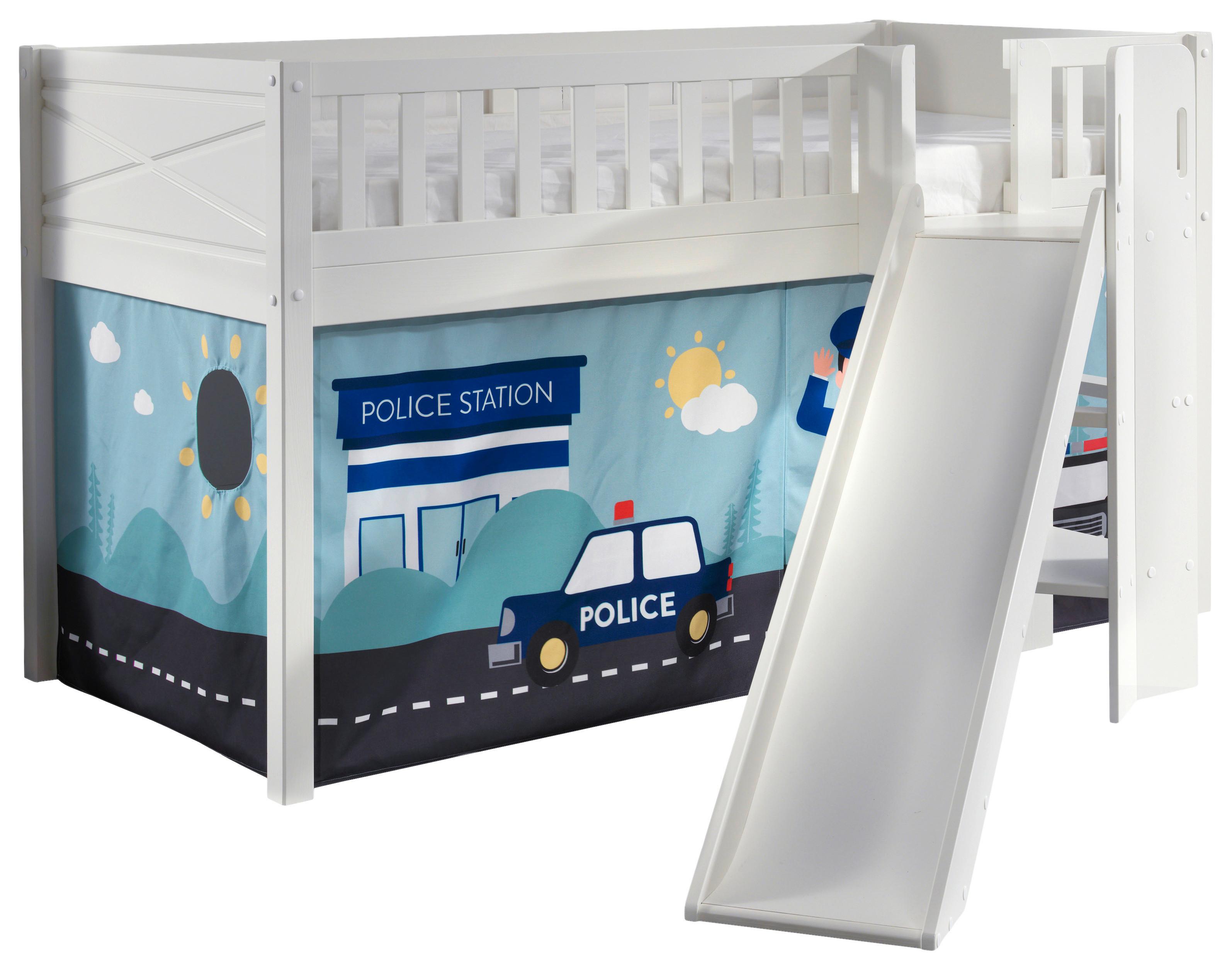 Vyvýšená postel s roštem a skluzavkou, závěs policie - bílá/přírodní barvy, Romantický / Rustikální, dřevo (90/200cm) - MID.YOU