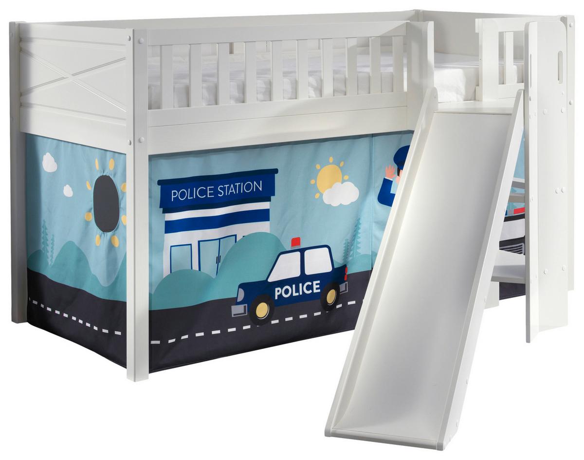 Vyvýšená postel s roštem a skluzavkou, závěs policie - bílá/přírodní barvy, Romantický / Rustikální, dřevo (90/200cm) - MID.YOU