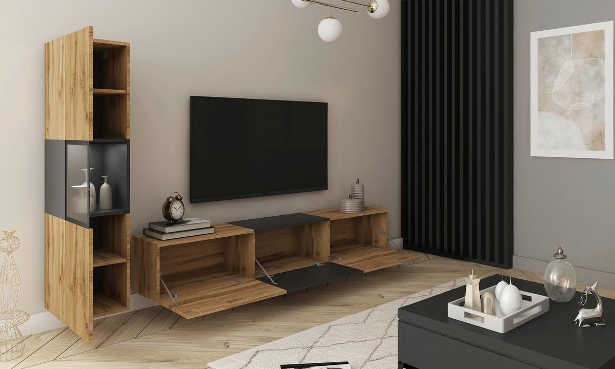 Wohnwand Berlin I Eiche Wotan/Schwarz B: 210 cm - Eiche Wotan/Schwarz, Design, Glas/Holzwerkstoff (210/130/32,5cm) - MID.YOU