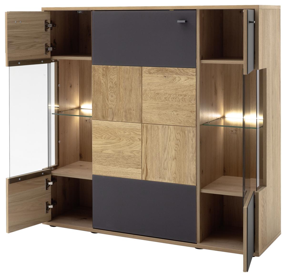Highboard Echtholz B: 124 Cm Valencia Anthrazit/eiche - Eiche Bianco/Anthrazit, Design, Glas/Holz (124/120/37cm) - MID.YOU