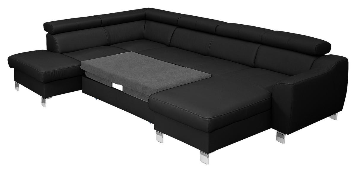 Wohnlandschaft Aspen Schwarz U-Form: 208 cm - Chromfarben/Schwarz, Design, Leder/Textil (208/315/175cm) - Livetastic