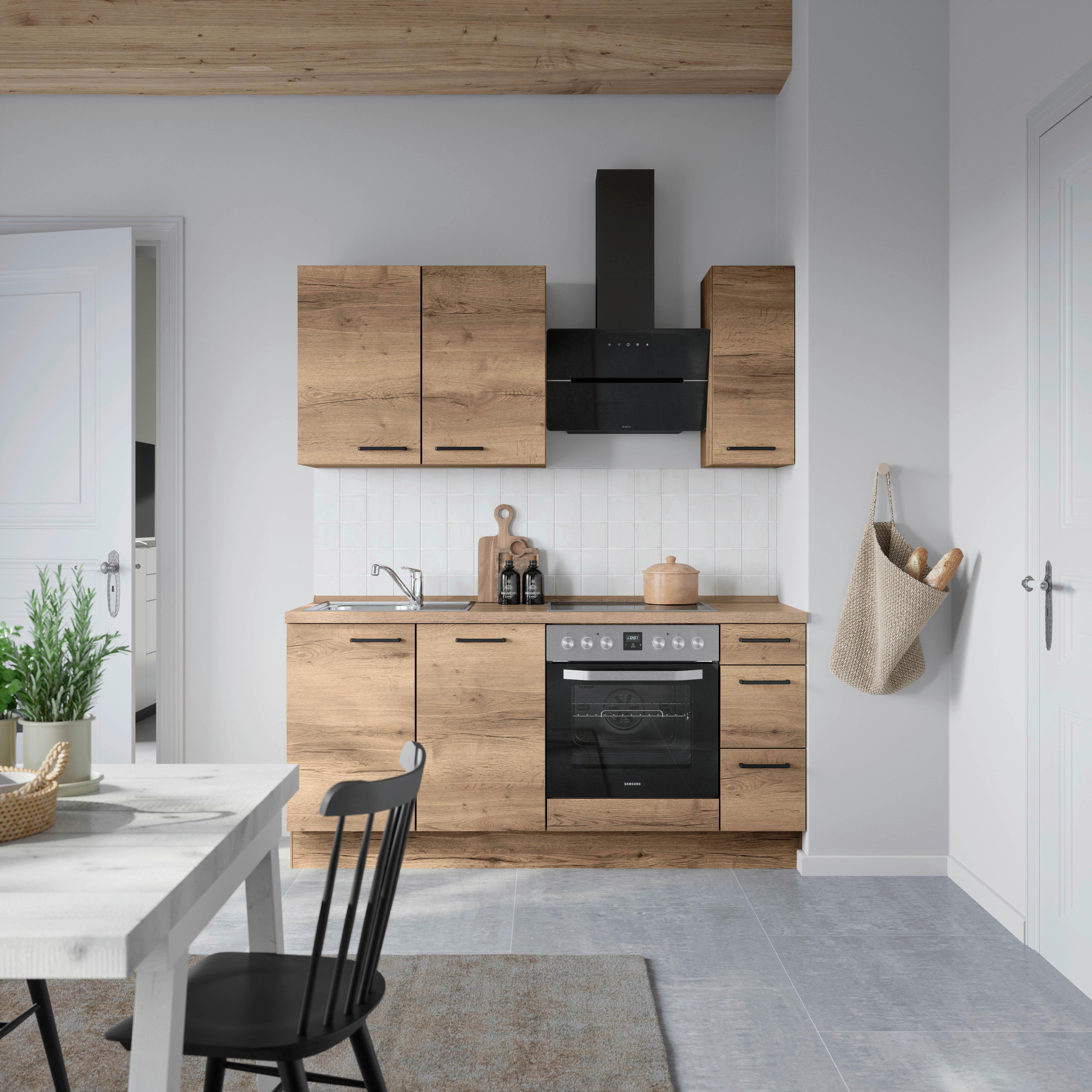 Kuchyňská linka 180 cm, dekor dub Havanna - černá/tmavý dub, Moderní, kov/kompozitní dřevo (180cm) - Nobilia
