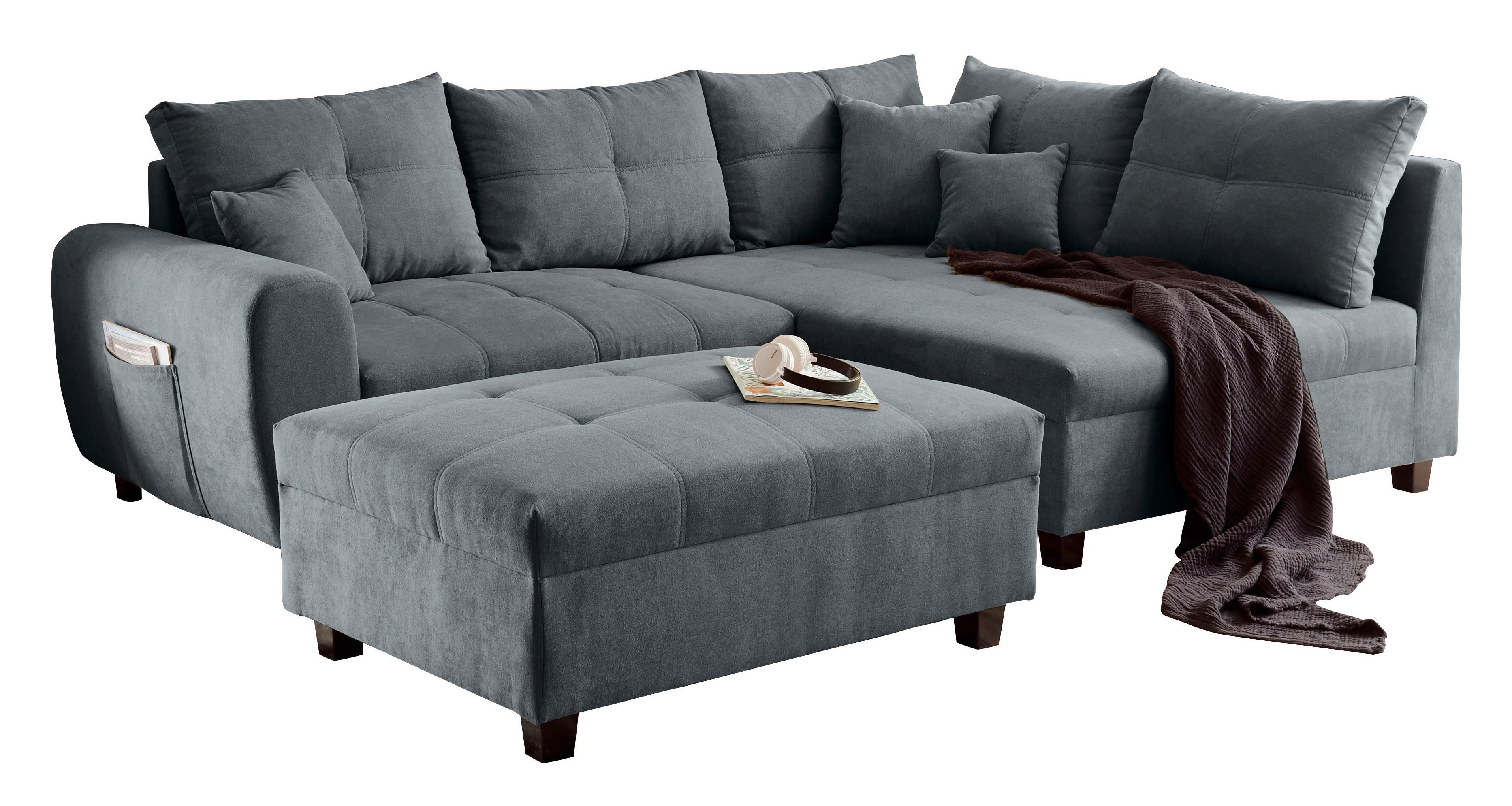 Ecksofa inkl. Kissen + Hocker Lea, Polyester-Nylon - Anthrazit/Schwarz, Basics, Holzwerkstoff/Textil (248/176cm) - MID.YOU