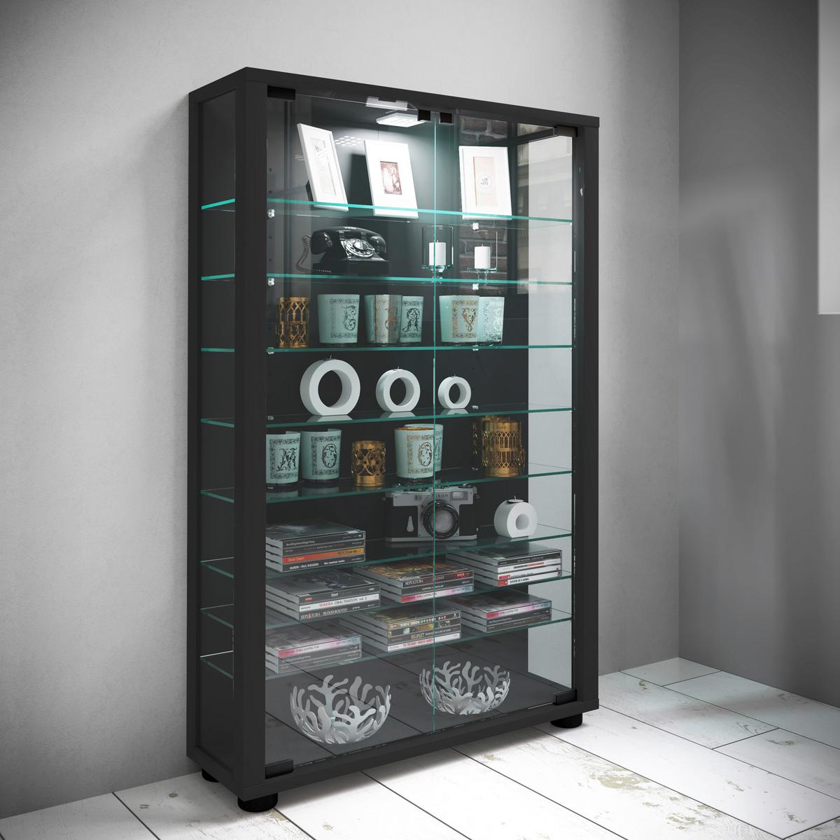 Vitrine Lumo Mini Schwarz - Transparent/Schwarz, Design, Glas/Holzwerkstoff (59/90/18cm) - MID.YOU