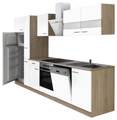 Küchenzeile mit hellen Fronten und E-Geräten Praktische Küchenzeile mit weißen Fronten