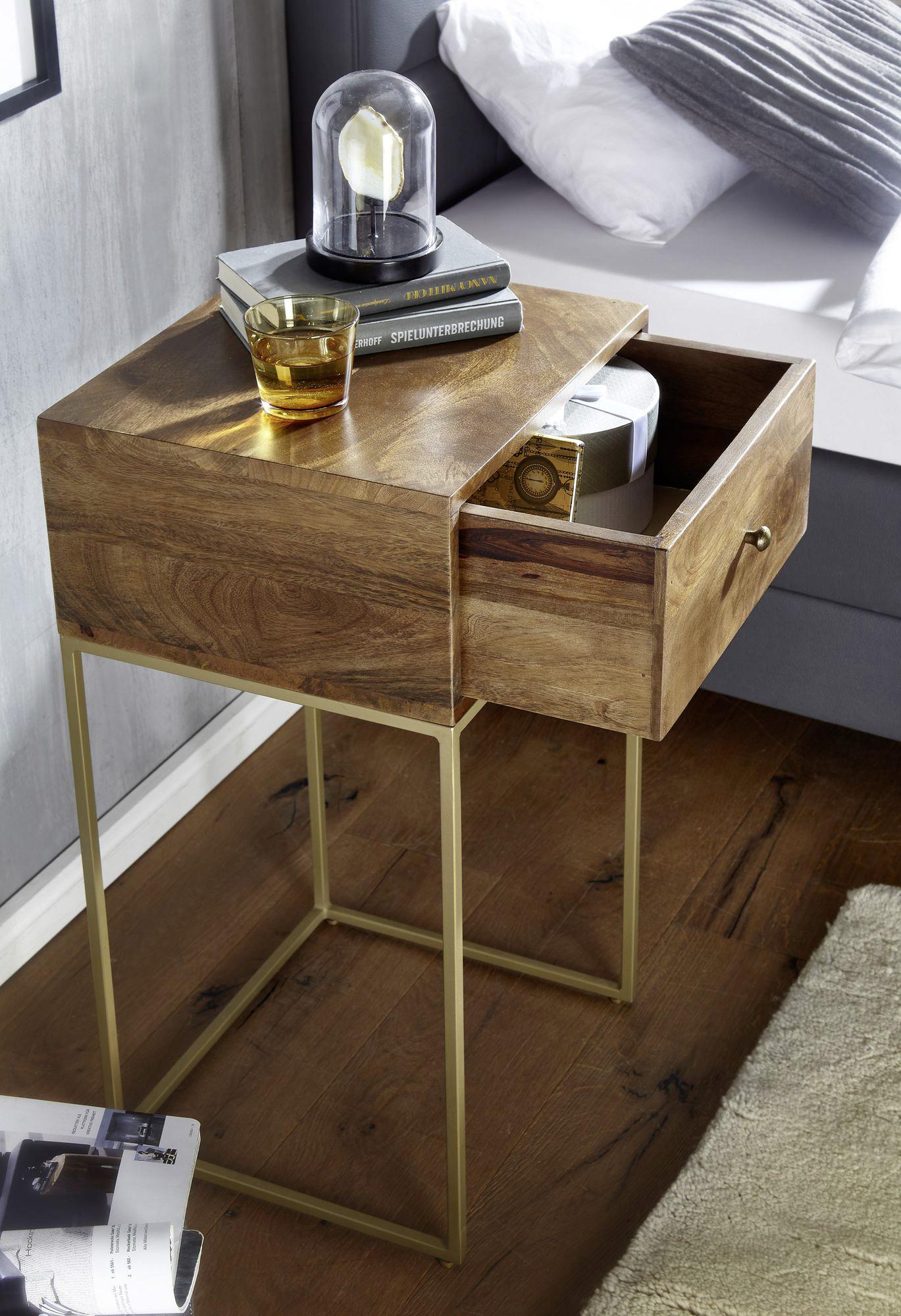 MID.YOU Nachtkästchen Mangoholz B: 40cm KP/FR: Mangoholz massiv Füße: Eisen