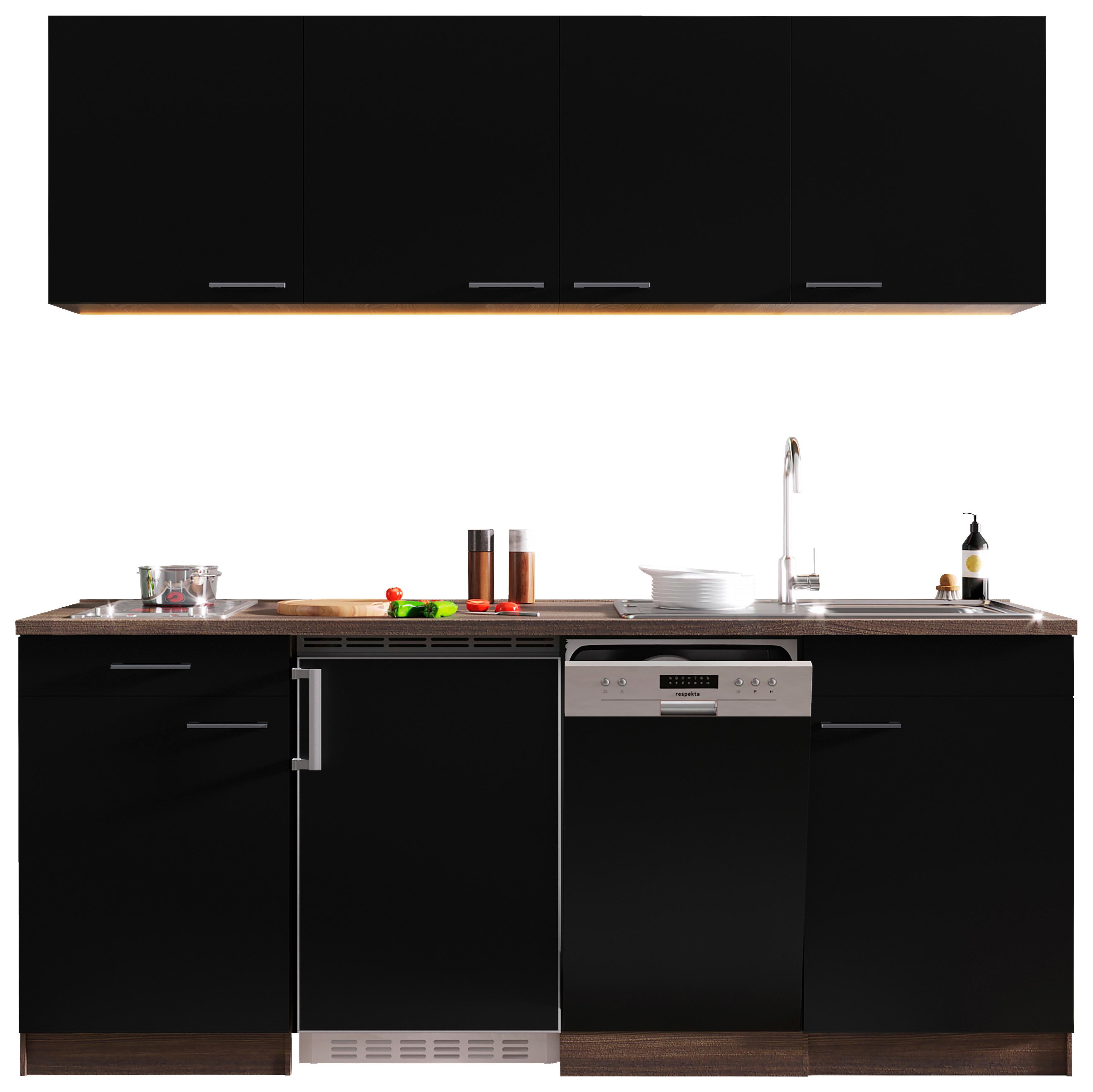 Küchenzeile Economy mit Geräten 195 cm Schwarz/Eiche Dekor - Eichefarben/Schwarz, Basics, Holzwerkstoff (195cm) - Respekta