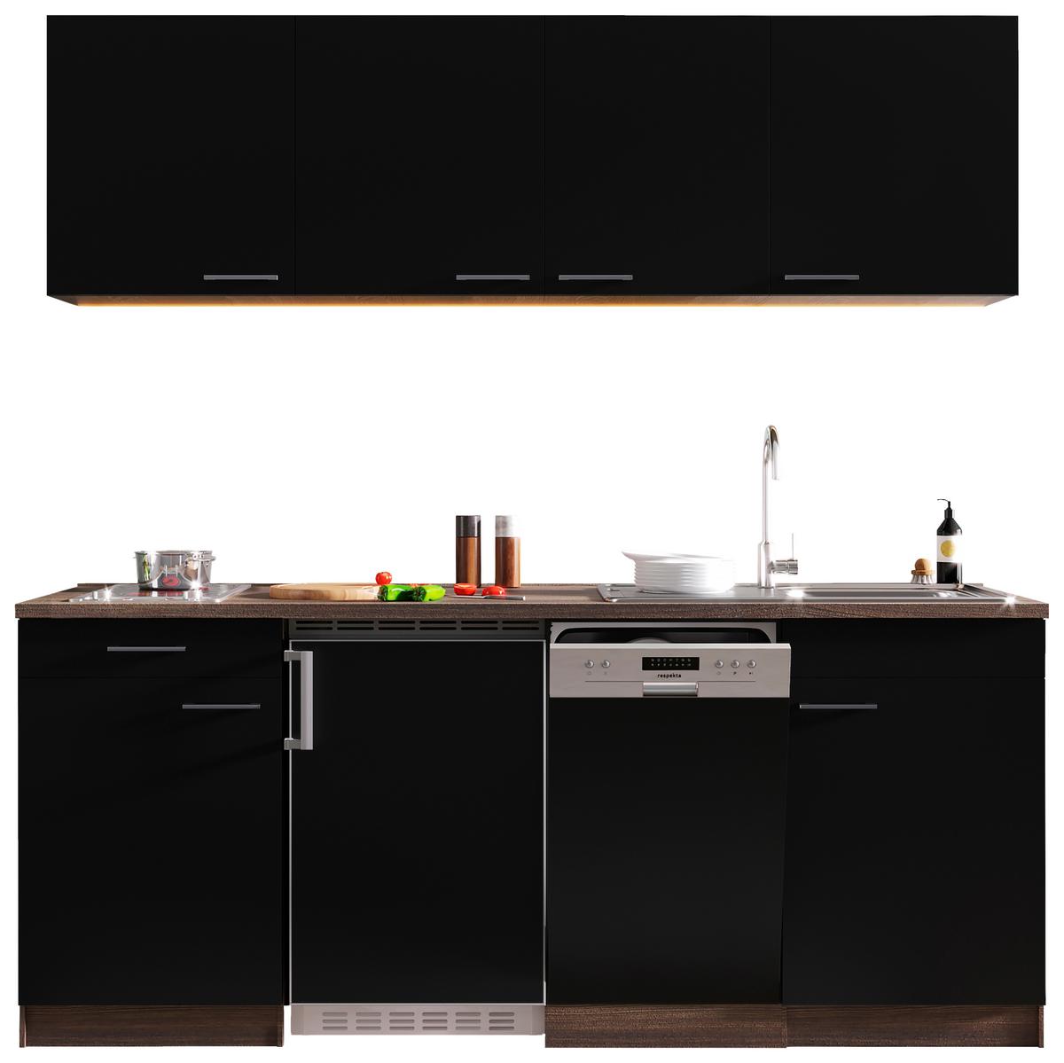 Küchenzeile Economy mit Geräten 195 cm Schwarz/Eiche Dekor - Eichefarben/Schwarz, Basics, Holzwerkstoff (195cm) - Respekta