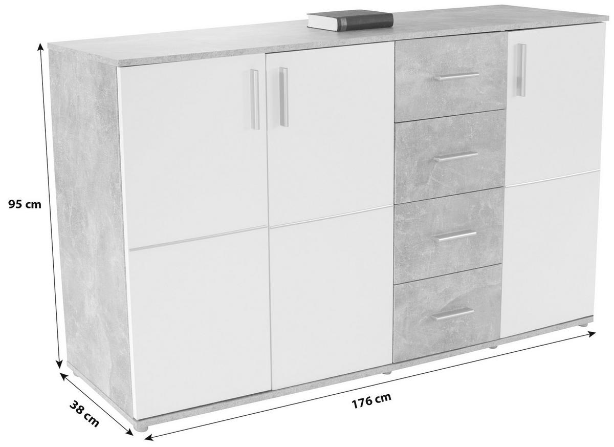 Kommode B: 175,6 cm Ina, Beton Optik/Weiß - Weiß/Grau, MODERN, Holzwerkstoff (175,6/95,2/38,3cm)