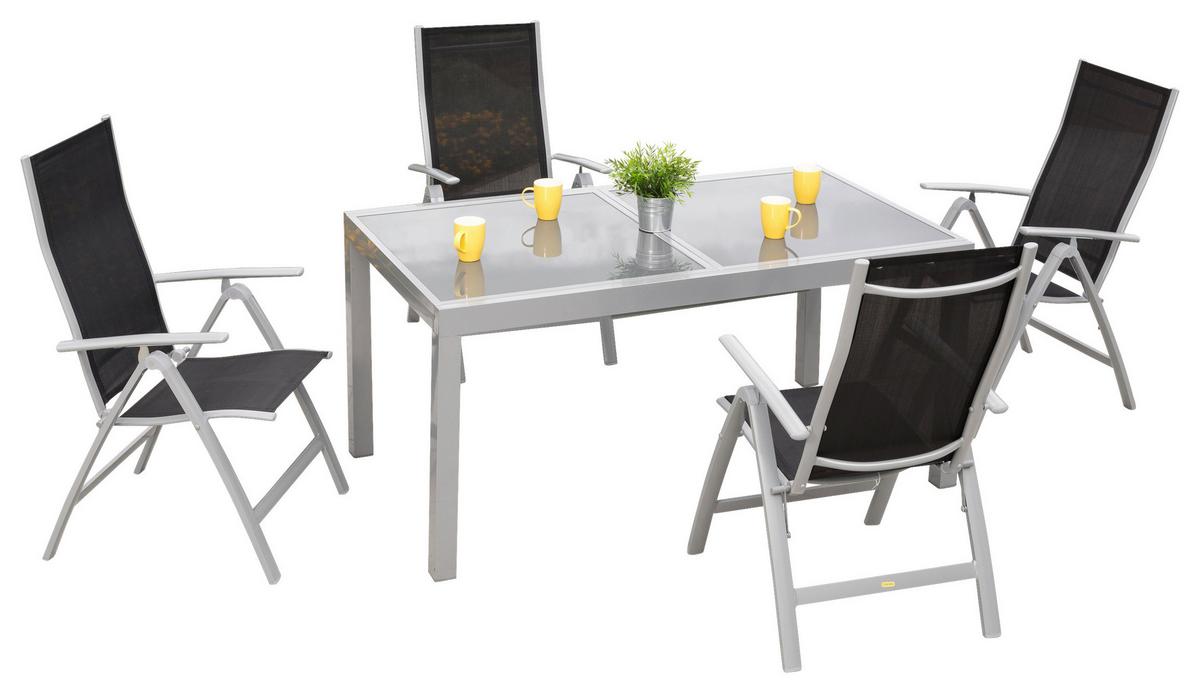 Gartengarnitur 5-Tlg. Carrara Metall/Textil/Glas - Silberfarben/Schwarz, KONVENTIONELL, Glas/Textil - Gardenson