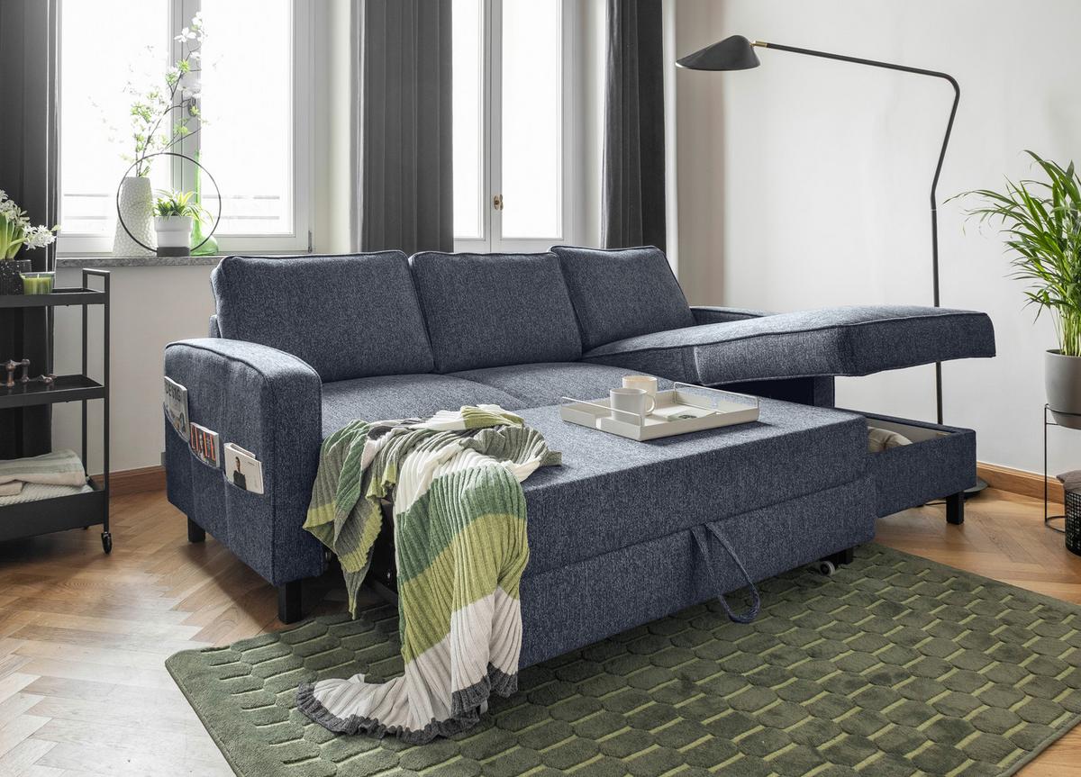 Ecksofa Molly Dunkelblau S: 228x148 cm - Schwarz/Dunkelblau, Textil (228/148cm) - MID.YOU