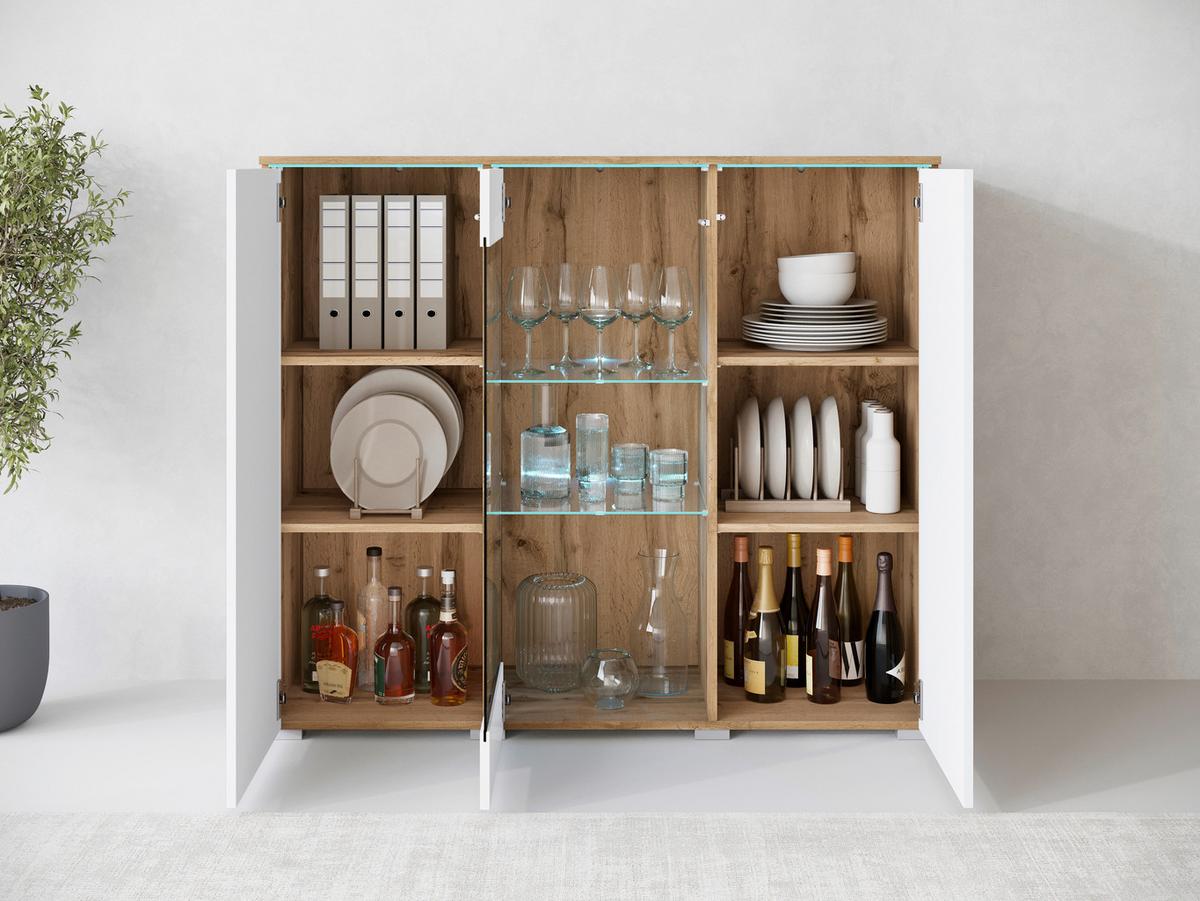 Highboard 120cm Vera Weiß Hochglanz/Wotan Eiche - Weiß Hochglanz/Eiche Wotan, Trend, Glas/Holzwerkstoff (120/103,3/39,5cm) - P & B