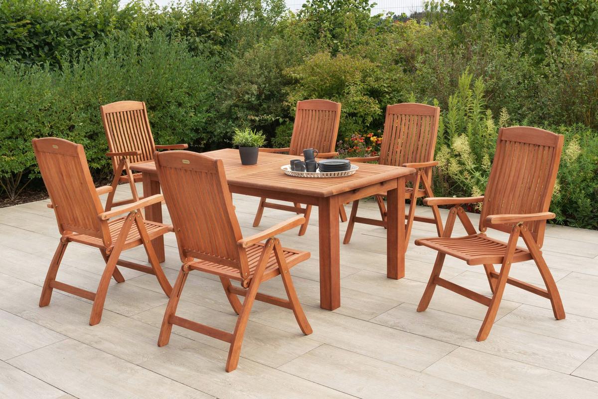 Gartentischgruppe Maracaibo 7 -teilig. Naturfarben - Eukalyptusholzfarben, KONVENTIONELL, Holz - Gardenson