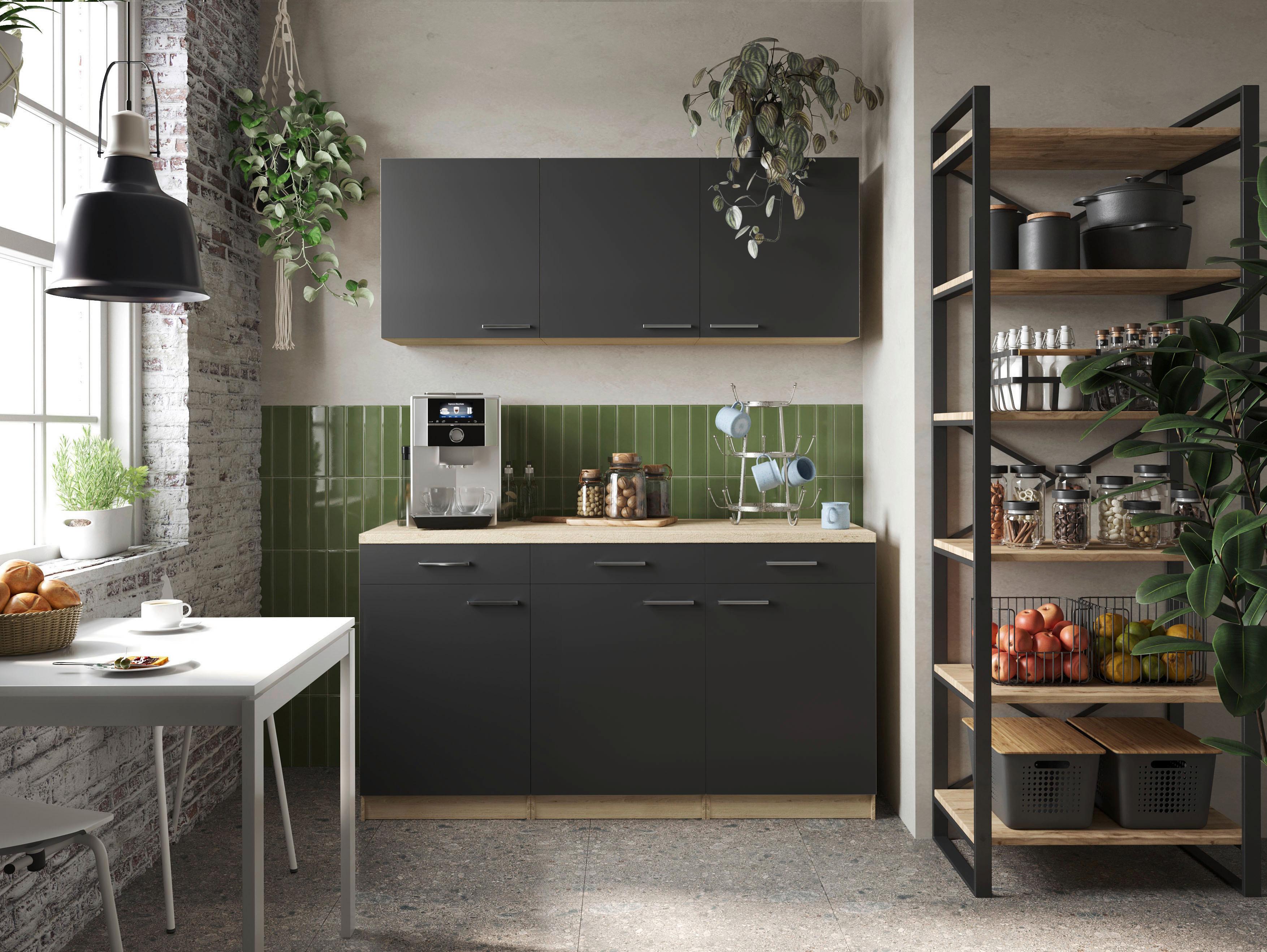 Miniküche Merle Schwarz, Eiche Dekor B: 150 cm - Eichefarben/Schwarz, Basics, Holzwerkstoff (150cm) - Respekta