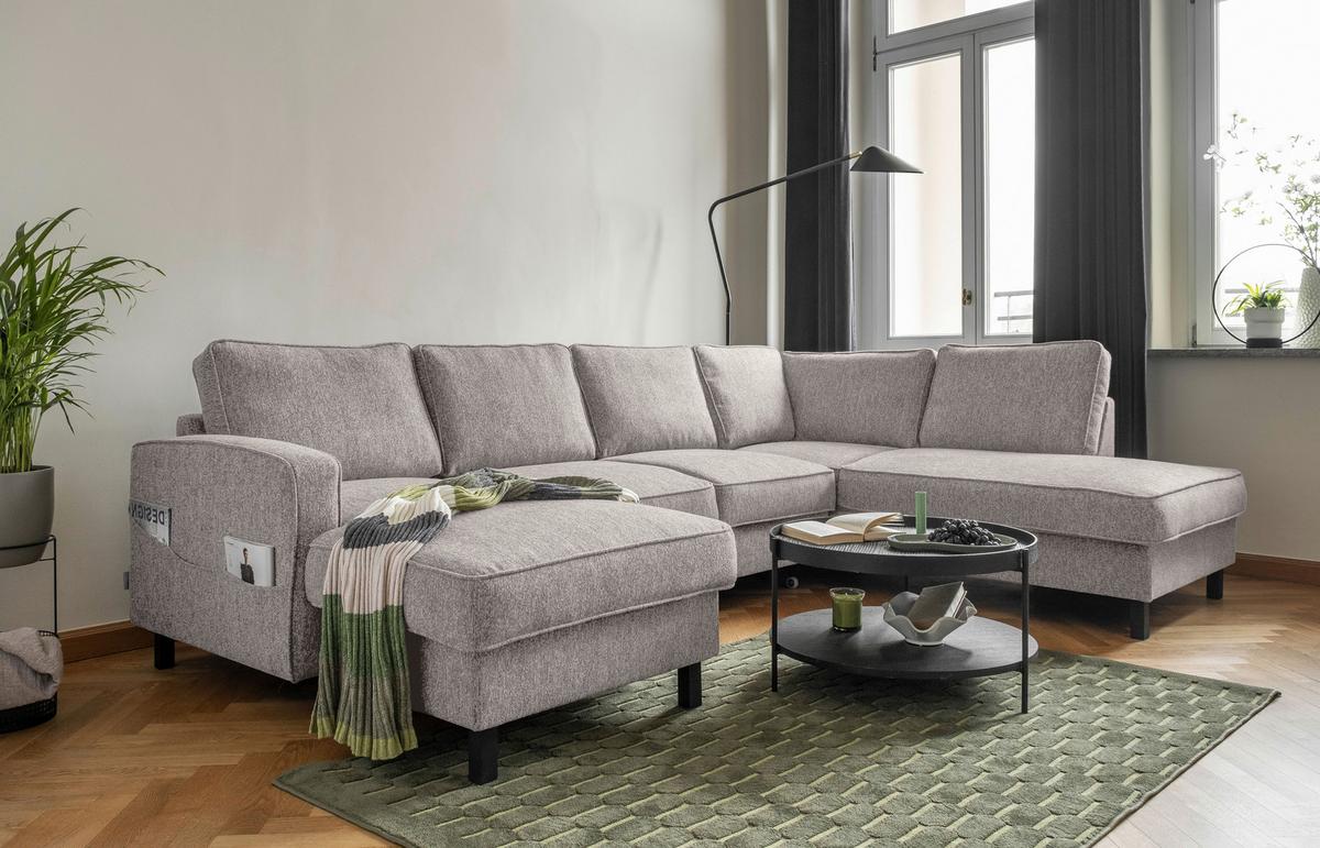Wohnlandschaft Molly Grau/Weiß U: 148x298x198 cm - Grauweiß/Schwarz, Textil (148/298/198cm) - MID.YOU