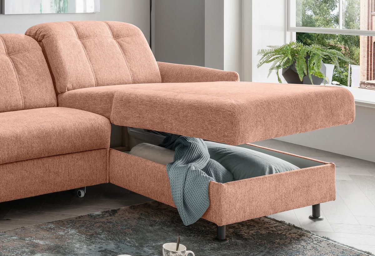 Ecksofa Minori Chenille Koralle, S: 267x184 cm - Koralle/Schwarz, MODERN, Textil (267/184cm) - Livetastic