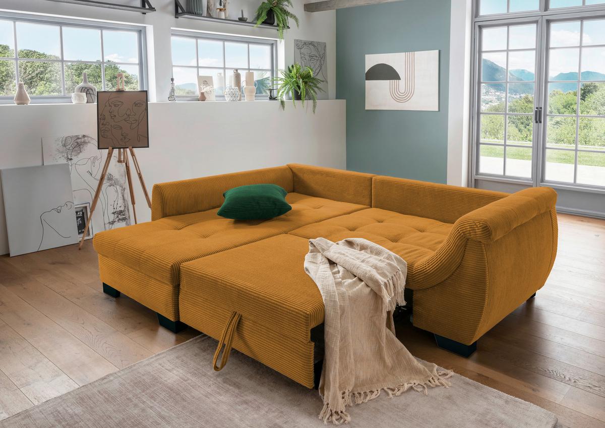 Ecksofa mit Schlaffunktion Flora Goldfarben Cord - Goldfarben/Schwarz, Design, Textil (190/250cm) - MID.YOU