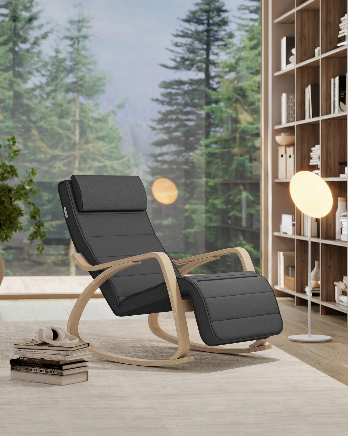 Relaxačné kreslo s vankúšom tmavosivé - farba brezy/tmavosivá, Basics, drevo/textil (121,5/84/67cm) - Boxxx