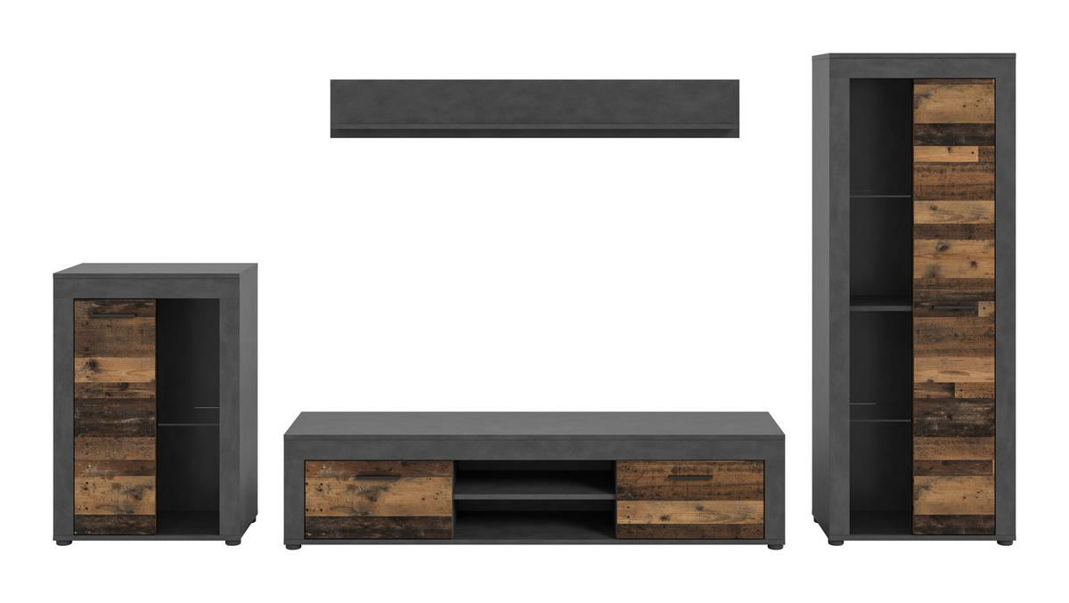 Wohnwand Jam Grau/Naturfarben B: 310 cm - Schwarz/Naturfarben, Design, Glas/Holzwerkstoff (310/169/35cm) - MID.YOU