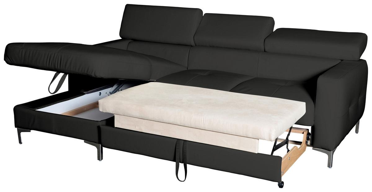 Ecksofa Mit Schlaffunktion Sammy Schwarz Leder - Chromfarben/Schwarz, Design, Leder (168/227cm) - Livetastic