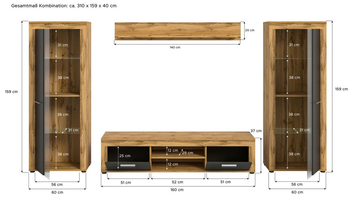 Wohnwand Jam Eiche Wotan Dekor B: 310cm - Eiche Wotan/Schwarz, Design, Glas/Holzwerkstoff (310/159/35cm) - MID.YOU