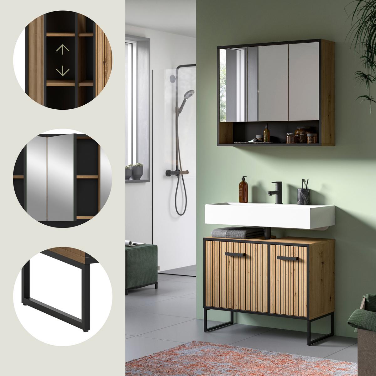 Badezimmer Bagno Schwarz /Eiche Artisan Dekor B: 80cm - Schwarz/Eiche Artisan, Trend, Holzwerkstoff (80cm) - MID.YOU