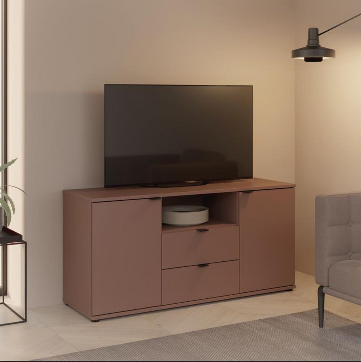 TV diel Ganymede, farba terakota, š: 130 cm - čierna/terakota, Modern, kov/kompozitné drevo (129,8/63,1/41,3cm)