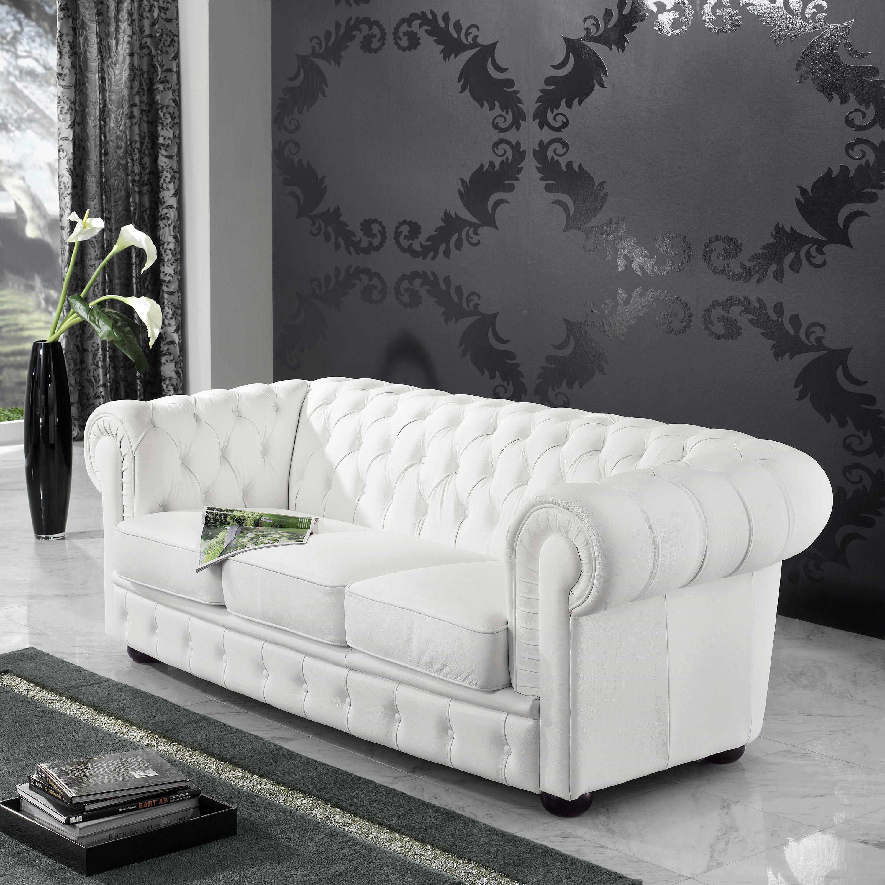 Chesterfield-sofa Bridgeport Weiß 3-Sitzer, Echtleder - Nussbaumfarben/Weiß, Design, Leder (200/76/98cm) - Max Winzer