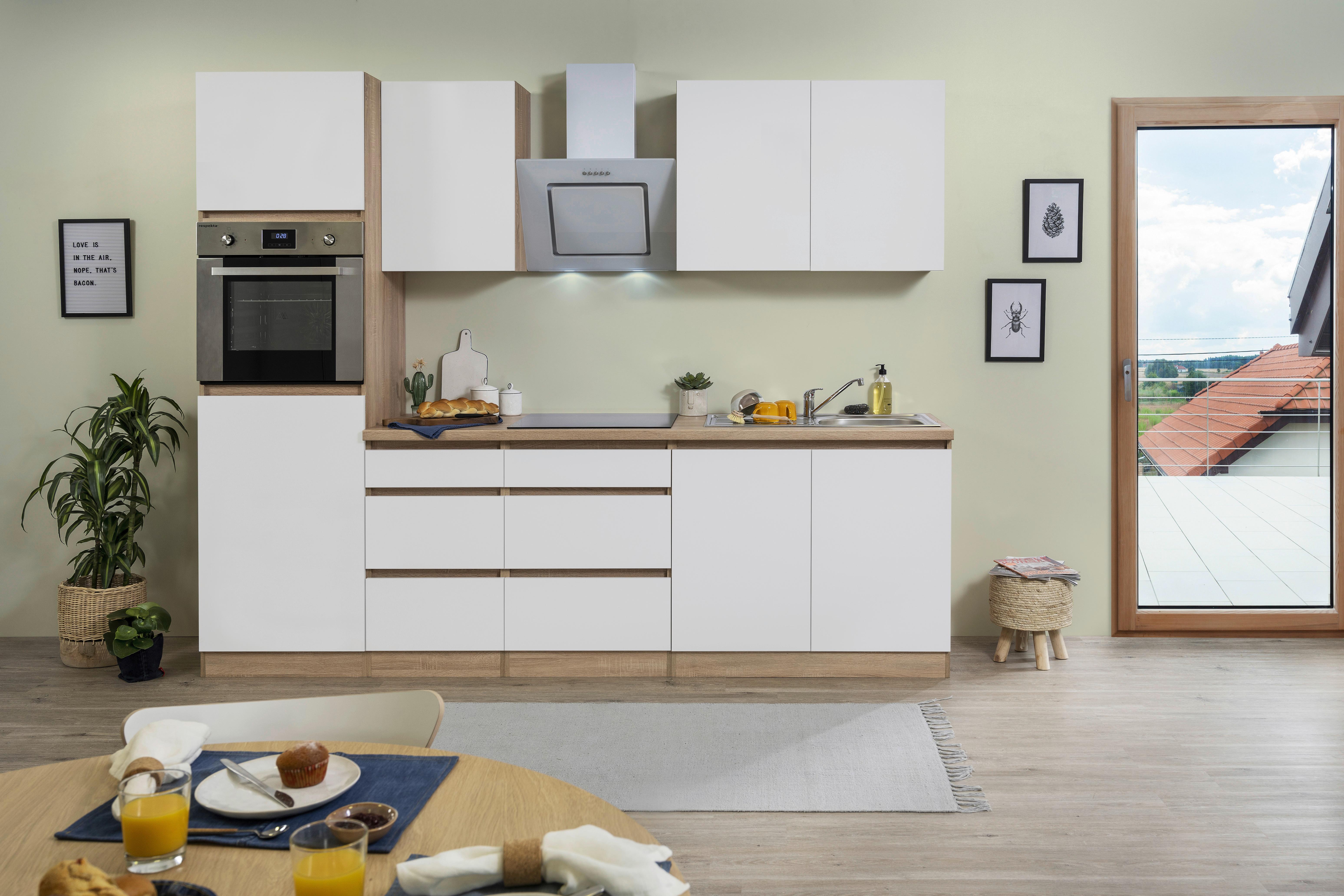 Küchenzeile Premium mit Geräten 270 cm Weiß/Eiche Dekor Modern - Eichefarben/Weiß, MODERN, Holzwerkstoff (270cm) - Respekta