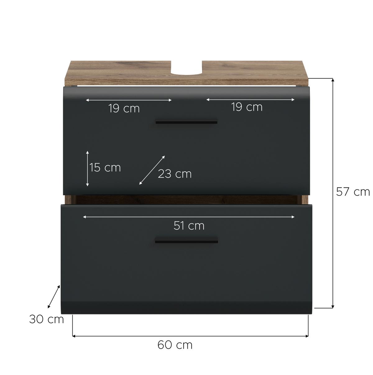 Waschbeckenunterschrank Ice Schwarz/Eiche Dekor B: 60cm - Eiche dunkel/Schwarz, Trend, Holzwerkstoff (60/58/30cm) - MID.YOU