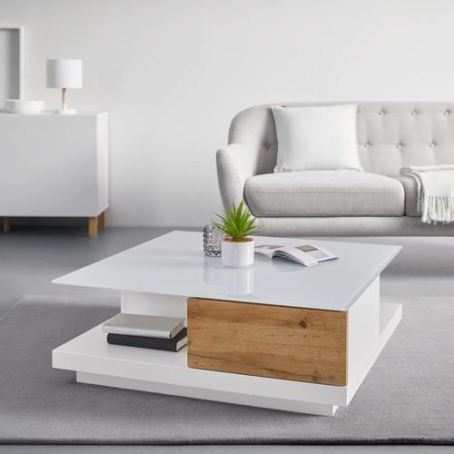 Konferenční stolek NEVIO bílá/dekor dub - bílá/barvy dubu, Moderní, sklo (85/85/30cm) - Bessagi Home
