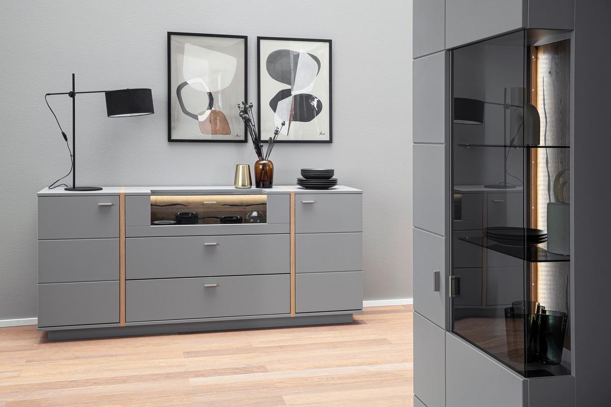 Sideboard Echtholz B: 196 cm Sevilla Grau/Eichefarben - Eichefarben/Grau, Design, Glas/Holzwerkstoff (196/87/44cm) - MID.YOU