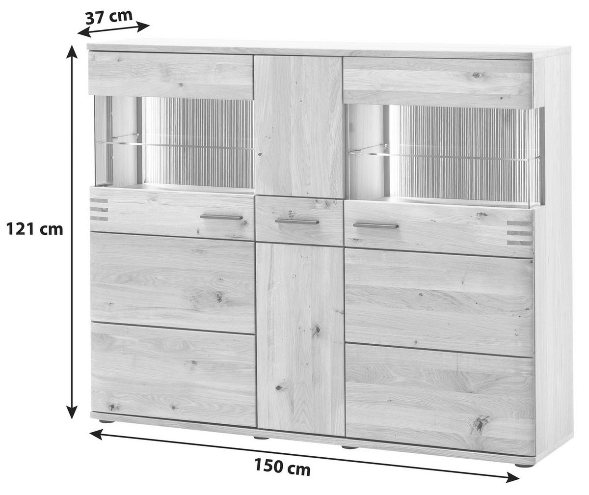 Highboard teilmassiv B: 150 cm Salvador Eichefarben - Eichefarben/Schwarz, Design, Glas/Holz (150/121/37cm) - Livetastic