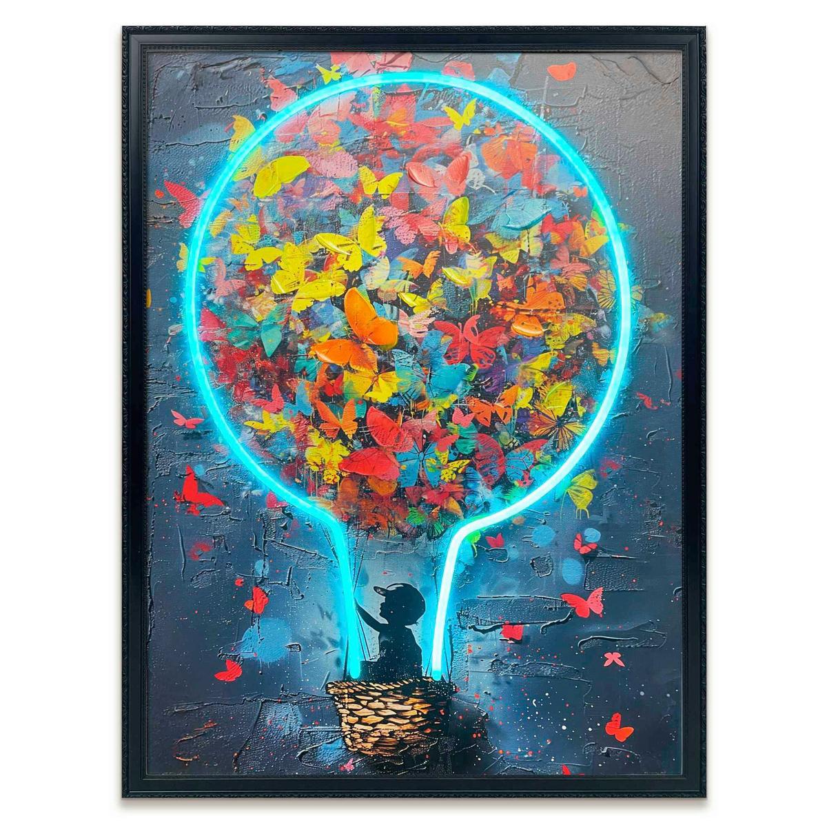 LED-Bild Neon Butterfly Balloon - Schwarz/Hellblau, Basics, Holzwerkstoff/Kunststoff (50/70/3,5cm)