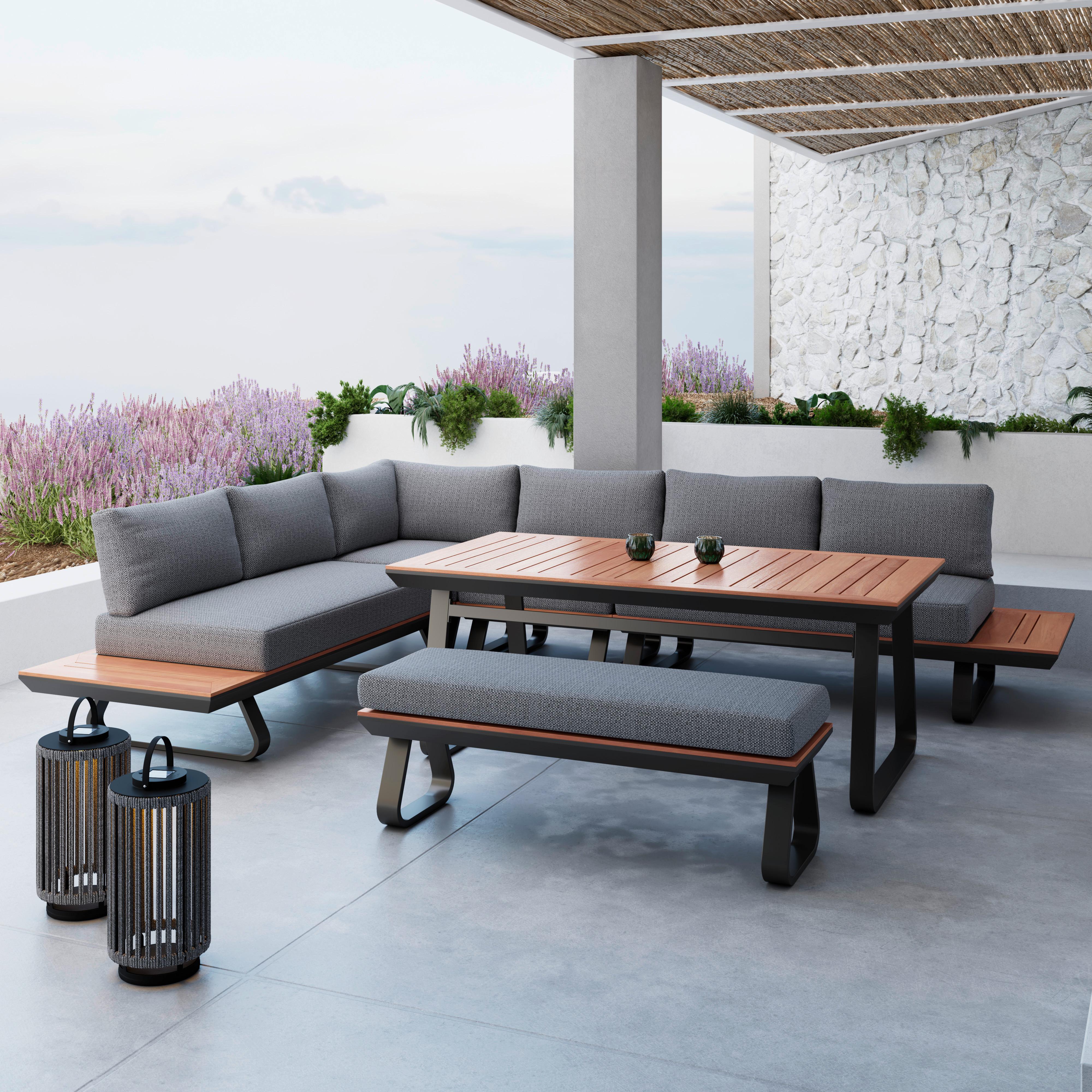 JEDÁLENSKÁ TERASOVÁ SÚPRAVA EMMA - prírodná farba/antracitová, Modern, kov/drevo (318/71/78cm) - Bessagi Garden