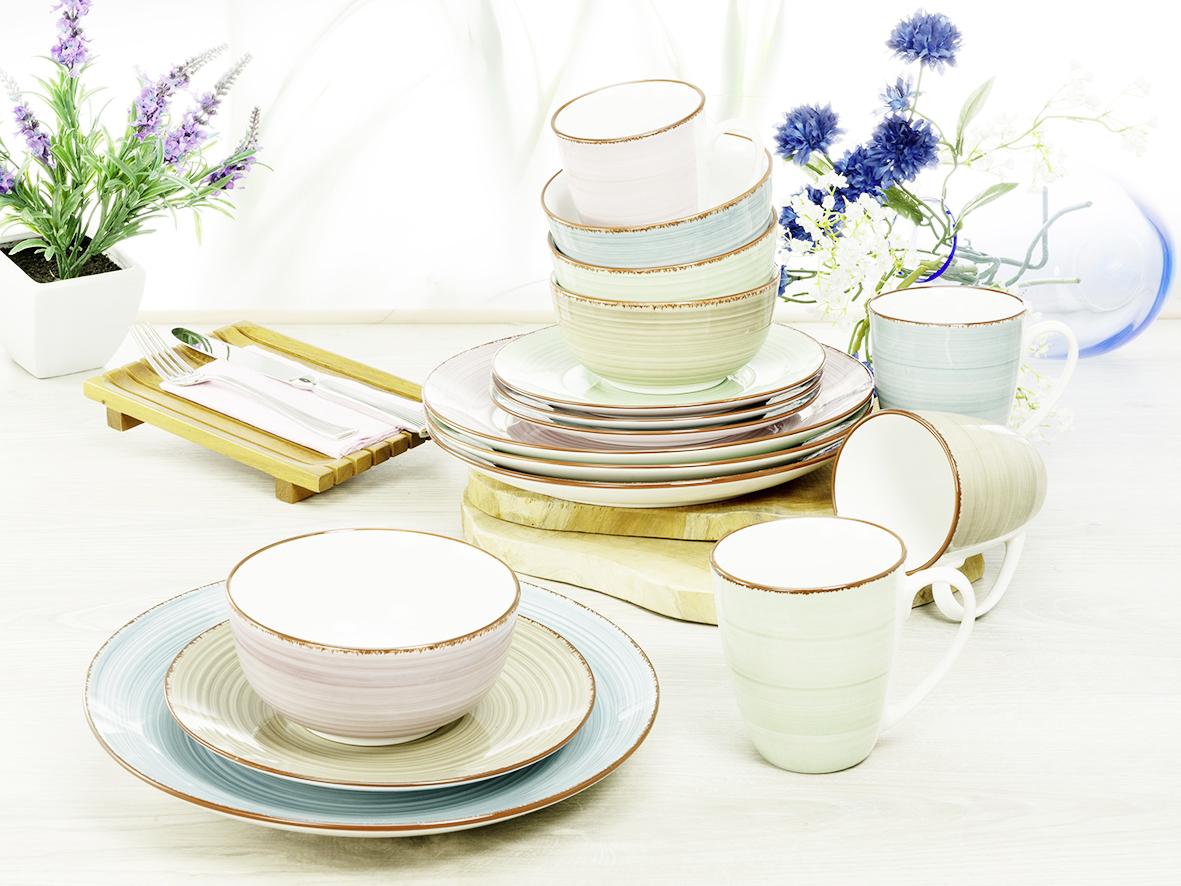 Keramik: Porzellan • Blau,Grün,Rosa • mikrowellengeeignet • 16-teilig, für: 4Personen • spülmaschinengeeignet