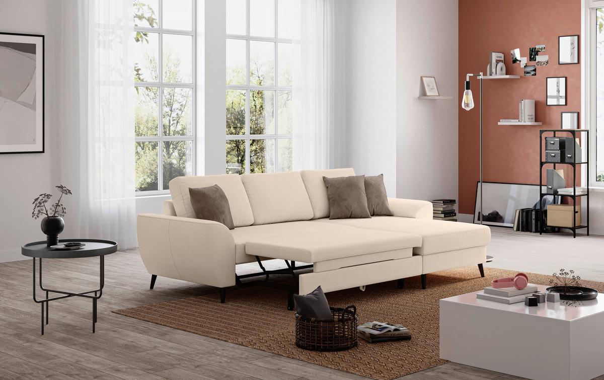 Ecksofa mit Bettfunktion Terra Chenille natur, B: 255cm - Schwarz/Naturfarben, Trend, Textil (255/154cm) - MID.YOU