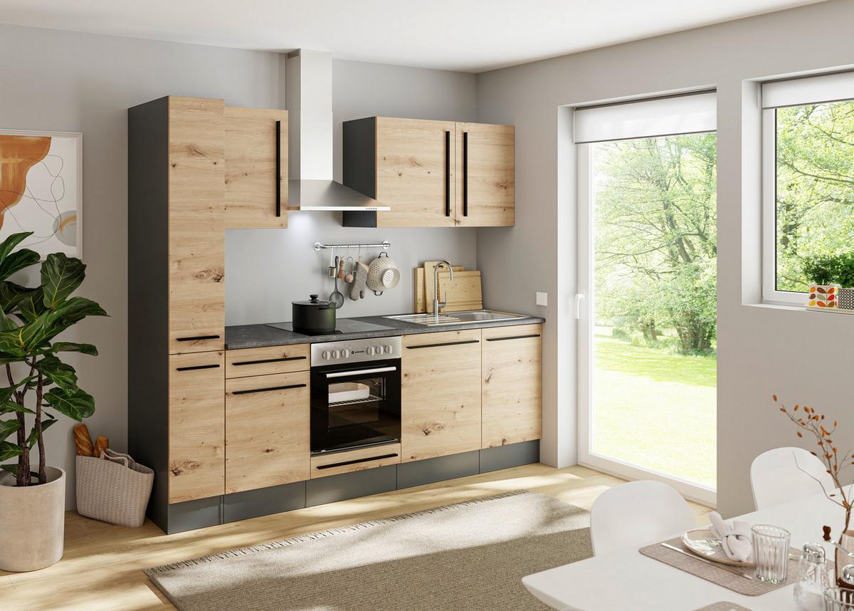 Küchenzeile Jazz 8 mit Geräten 250 cm Anthrazit/Eiche Dekor - Anthrazit/Eiche Artisan, LIFESTYLE, Holzwerkstoff (250cm) - P & B