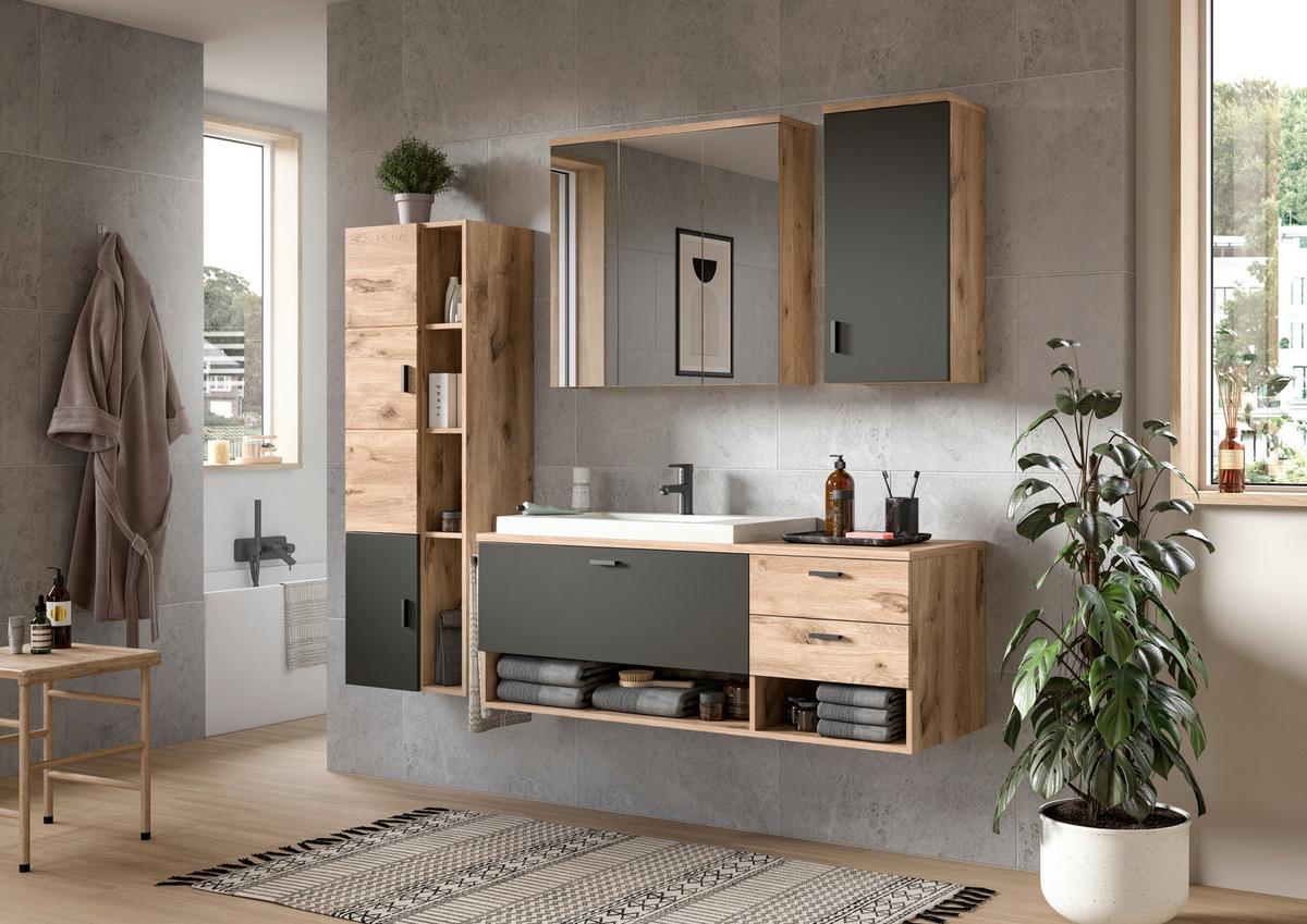 Badezimmer Grado Eiche Dekor/Grau - Weiß Hochglanz/Grau, MODERN, Glas/Keramik (182cm) - MID.YOU