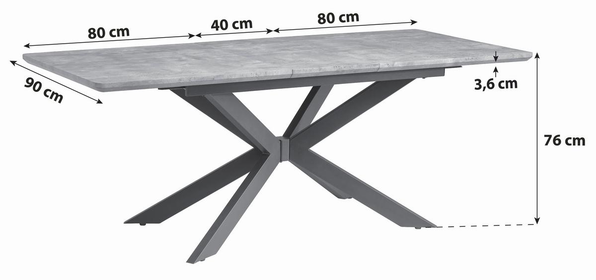 Esstisch (ausziehbar) Leif 160-200x90 cm Betonoptik - Schwarz/Grau, KONVENTIONELL, Holzwerkstoff/Metall (160-200/90/76cm) - P & B