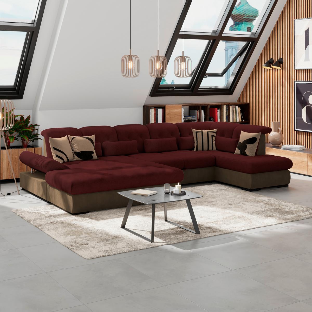Wohnlandschaft Madera Rubinrot, S: 358x212 Cm - Hellbraun/Rot, KONVENTIONELL, Kunststoff/Textil (190/358/212cm)